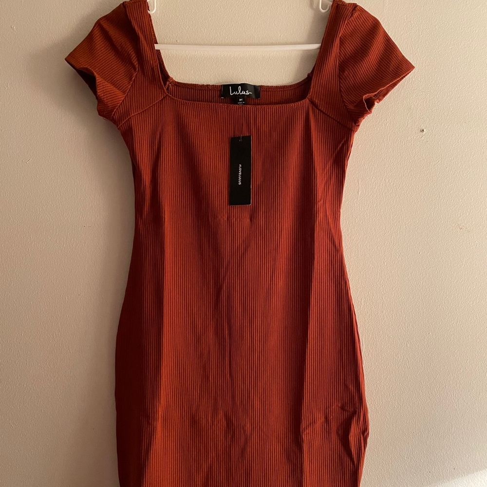 Lulus Rust Ribbed Short Sleeve Bodycon Mini Dress